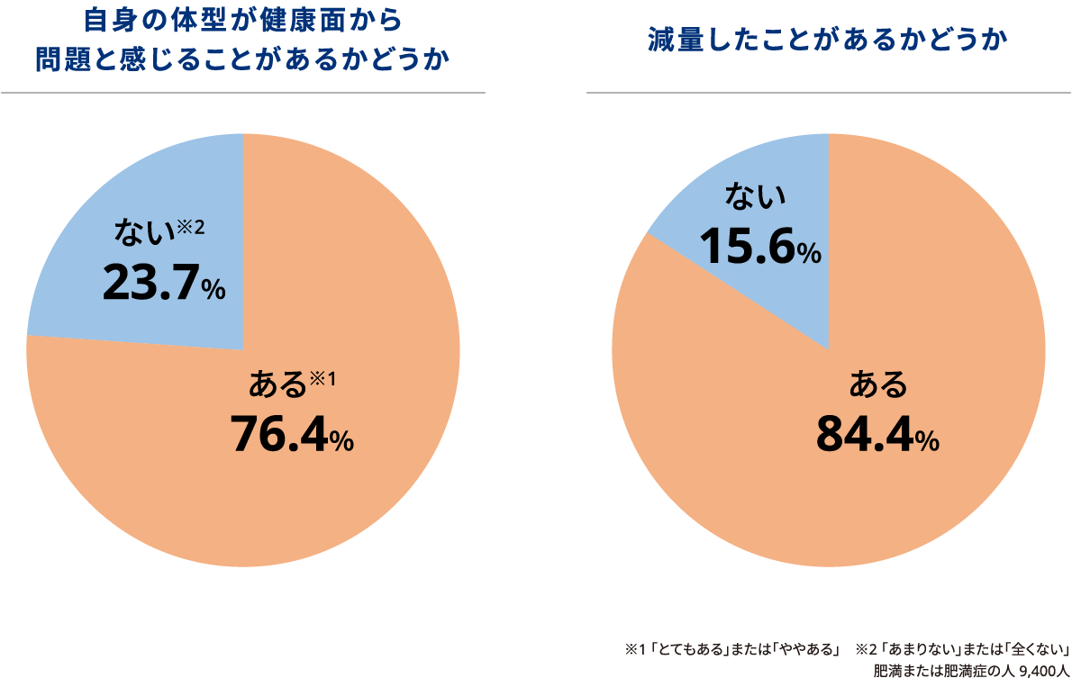 自身の体型が健康面から問題と感じることがあるかどうか　ある76.4％ ない23.7％　減量したことがあるかどうか　ある84.4％ ない15.6％