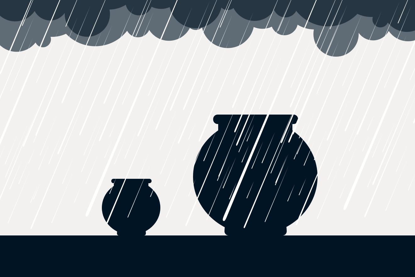 Graphic showing a small and a big vase with rain pouring down on them.